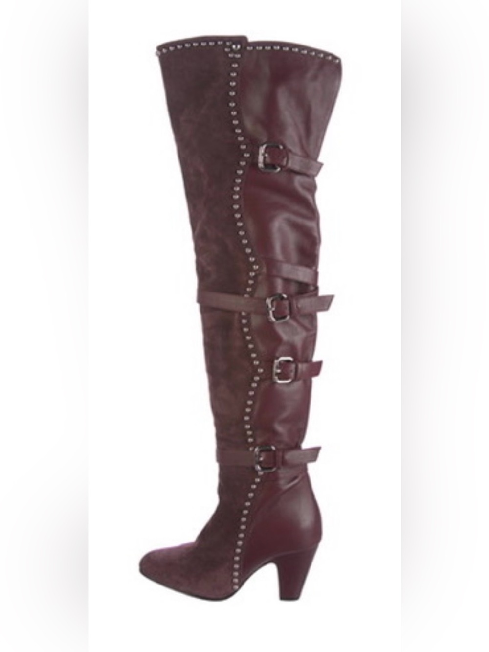 Valentino Burgundy Over-the-Knee Studded Buckle Boots